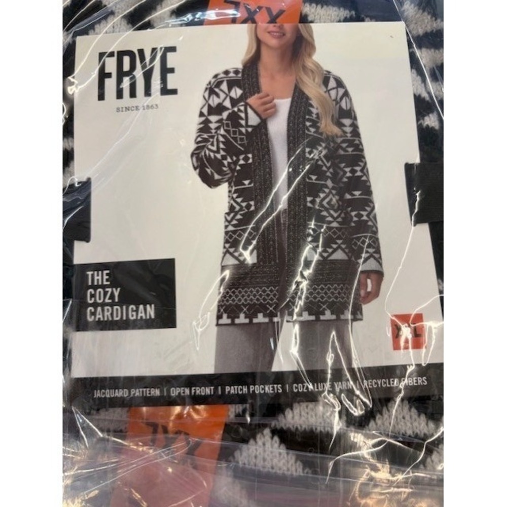 Frye The Cozy Cardigan Womens XXL Black White Jacquard Open Front Sweater NEW